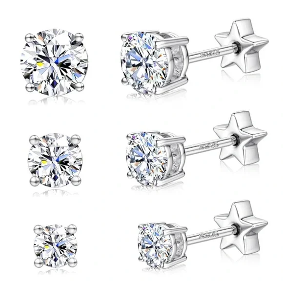 3 Pairs Certified Moissanite Solid 925 Sterling Silver Star Screw Back Earrings - Picture 1 of 16